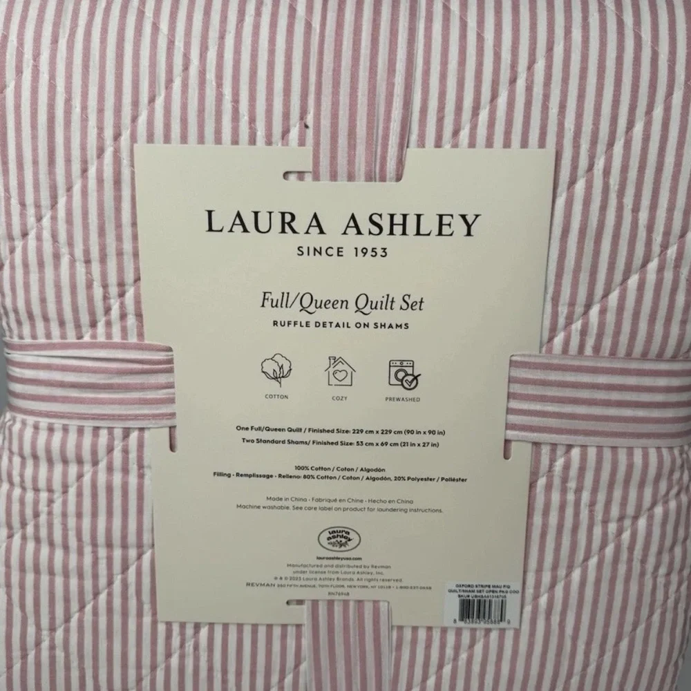 Laura Ashley ~ Full/Queen PINK Oxford Stripe Quilt/Sham Set ~ Reversible/Cotton